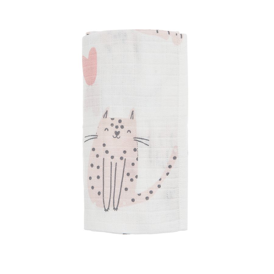 White muslin nappy with pink cats print