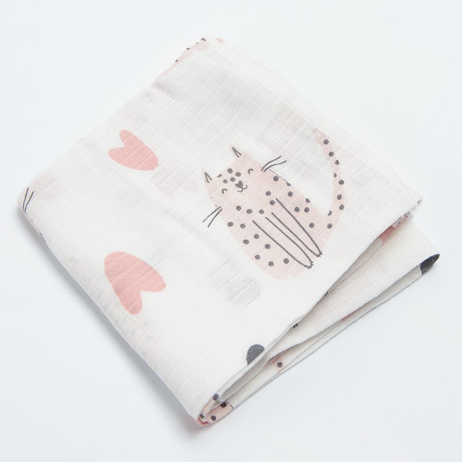 White muslin nappy with pink cats print