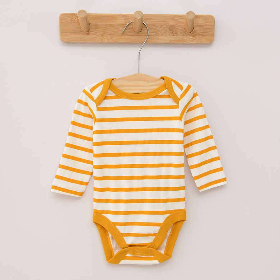 Yellow striped blue and yellow with funny face print long sleeve bodysuits 3 pack