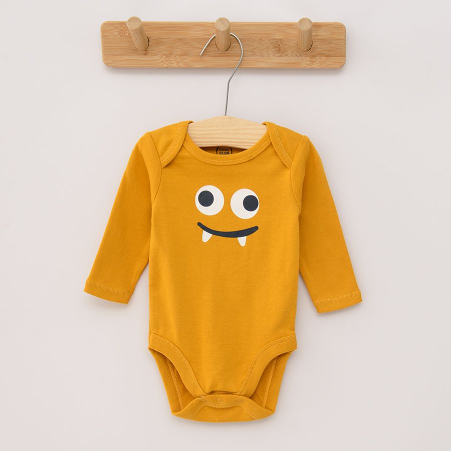 Yellow striped blue and yellow with funny face print long sleeve bodysuits 3 pack