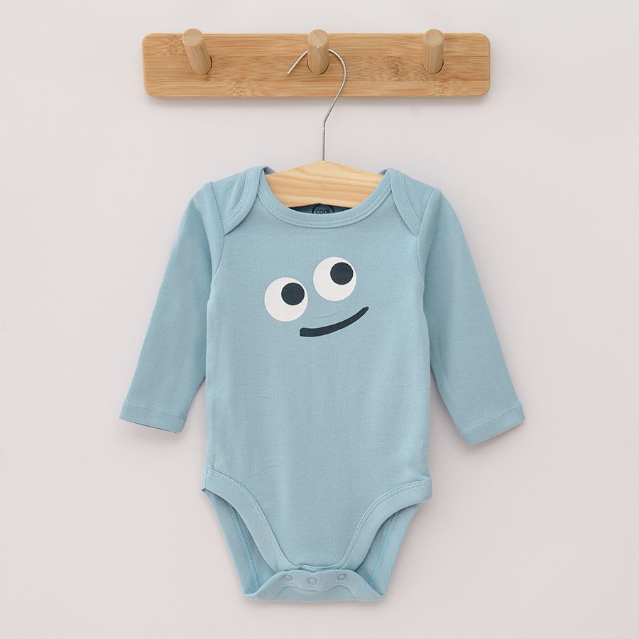 Yellow striped blue and yellow with funny face print long sleeve bodysuits 3 pack