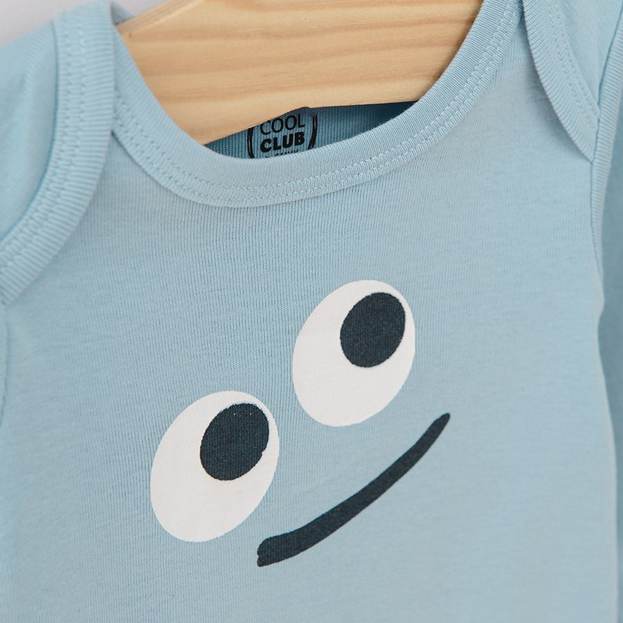 Yellow striped blue and yellow with funny face print long sleeve bodysuits 3 pack