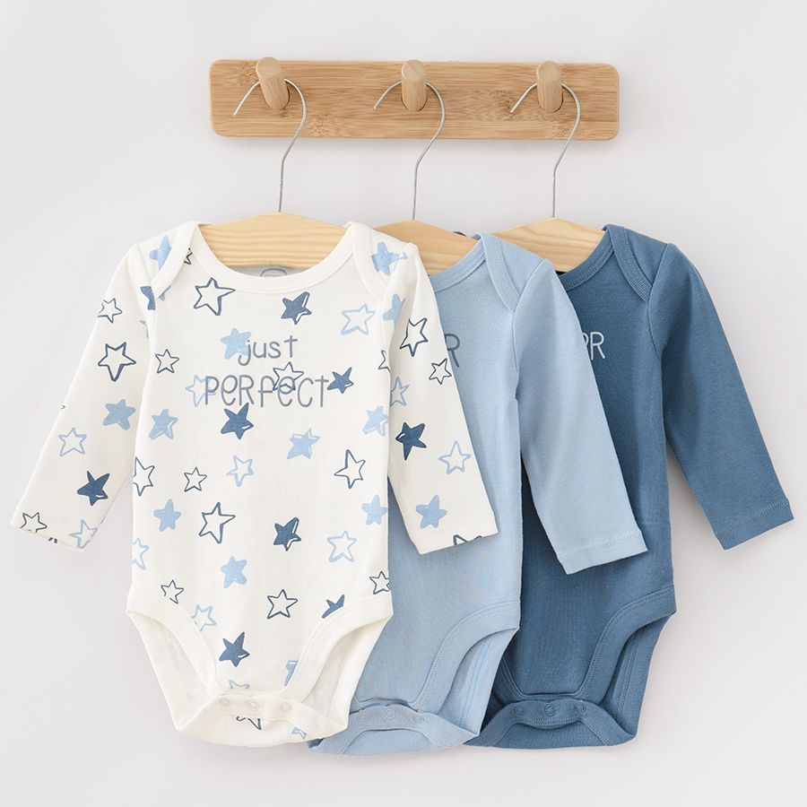 White light blue and blue Just Perfect long sleeve bodysuits 3 pack