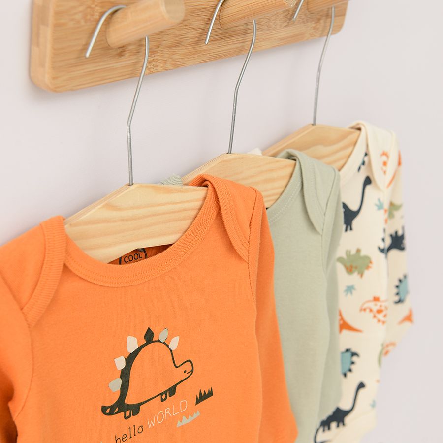 Orange green and white with dinosaurs print long sleeve bodysuits 3 pack