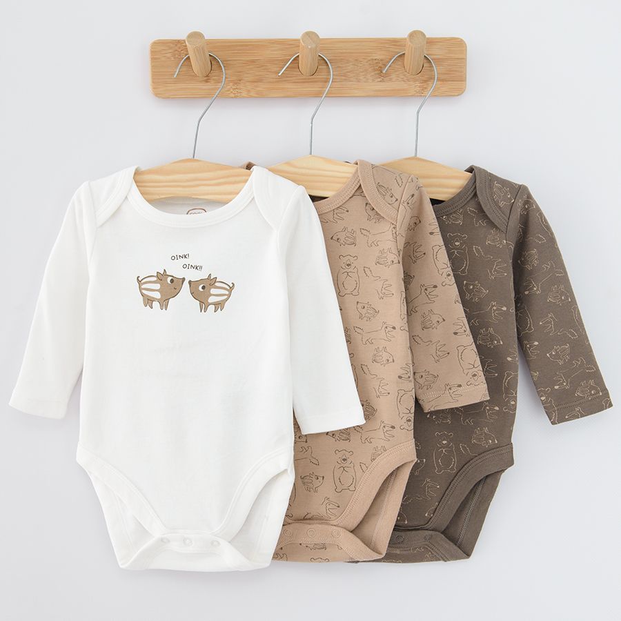 White grey and brown with racoon print long sleeve bodysuit 3 pack
