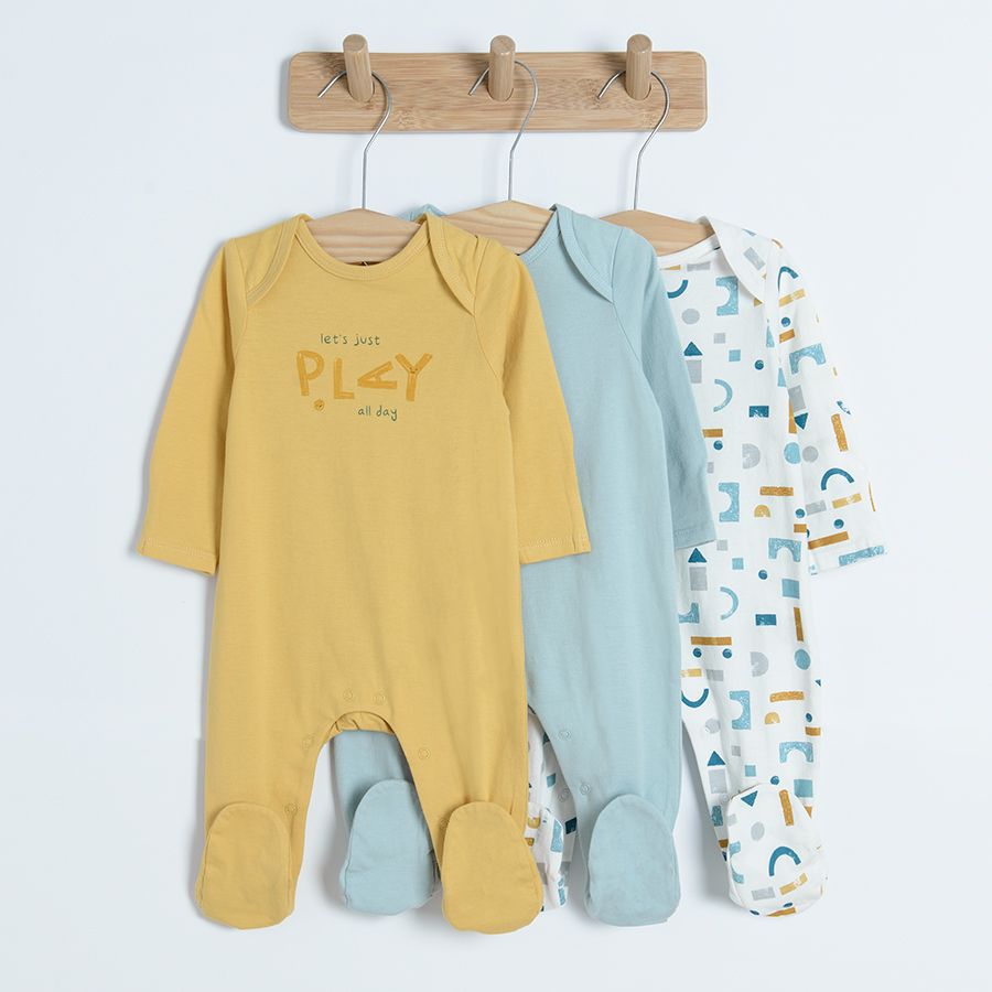 White yellow light blue footless sleepsuits- 3 pack
