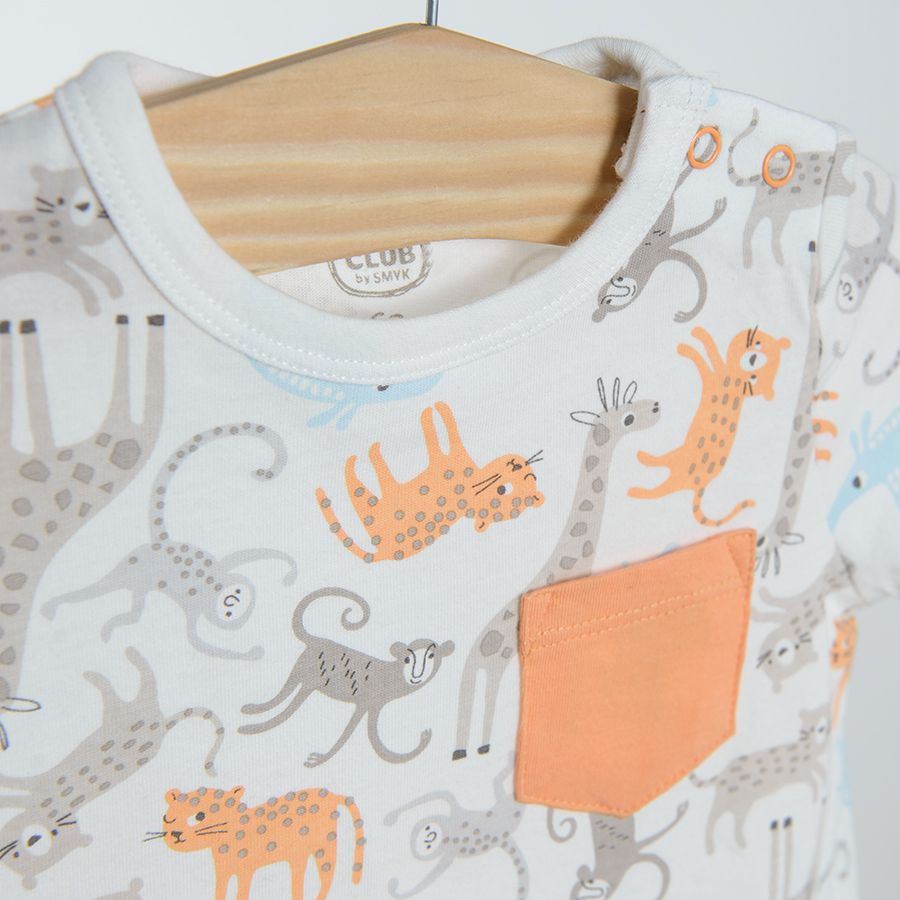 White with wild animals print and chest pocket and peach rompers- 2 pack