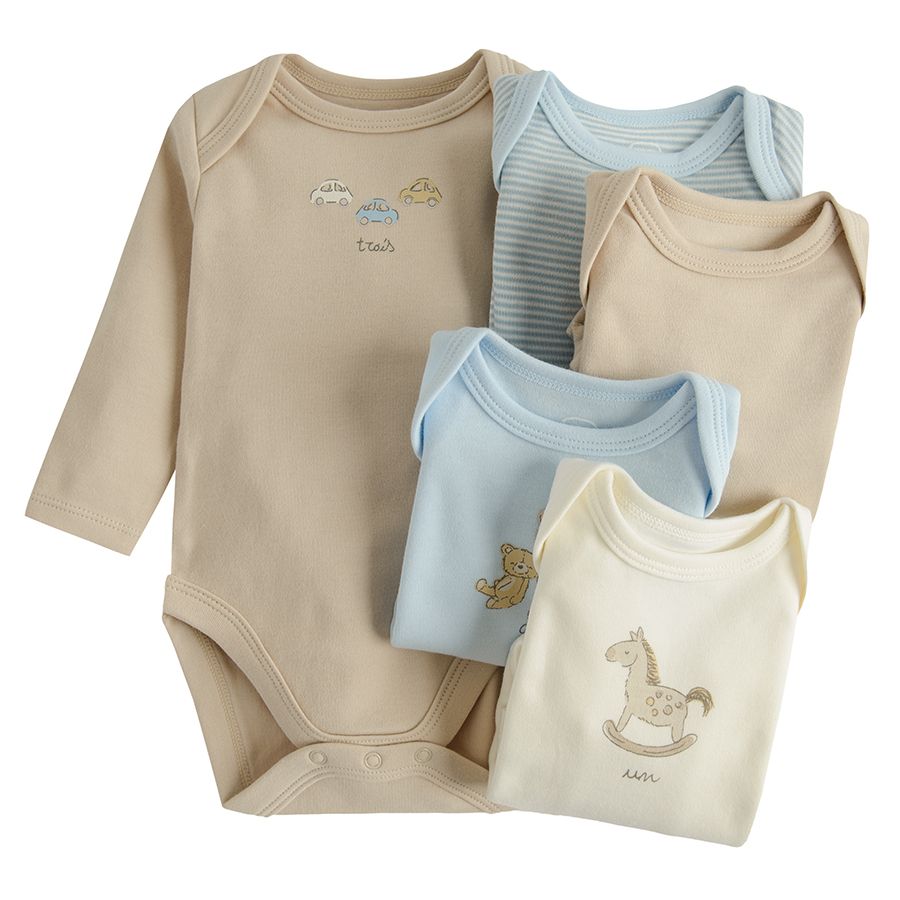 Pastel color long sleeve bodysuits with kids' toys print- 5 pack