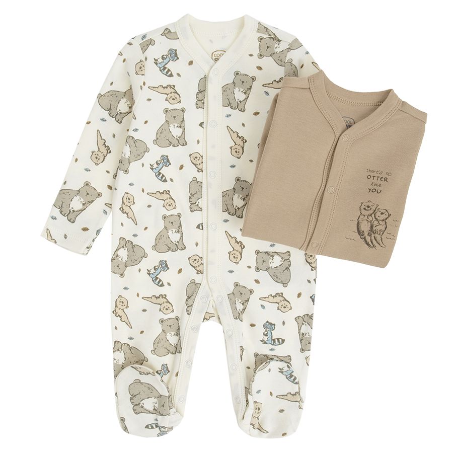 Overalls beige and ecru with animals- 2 pack
