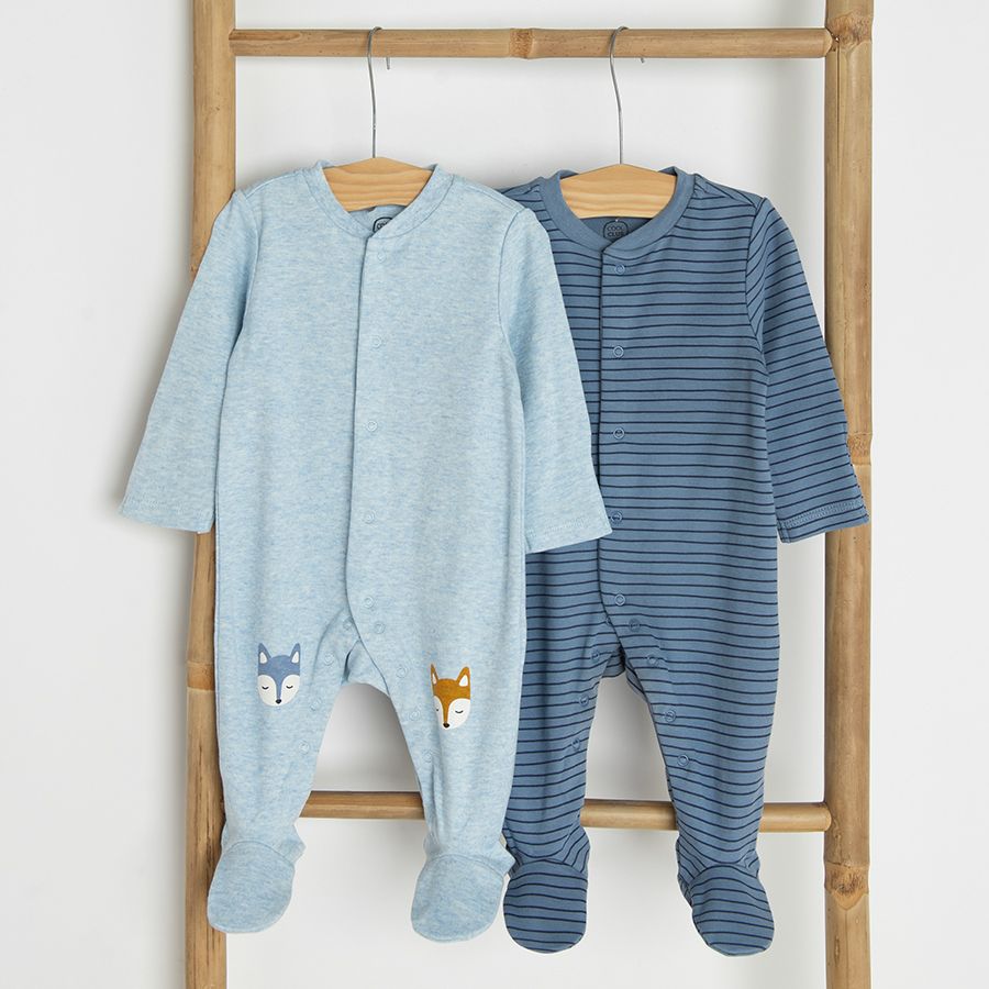 Blue stripped and light blue with fox print footed bodysuits- 2 pack