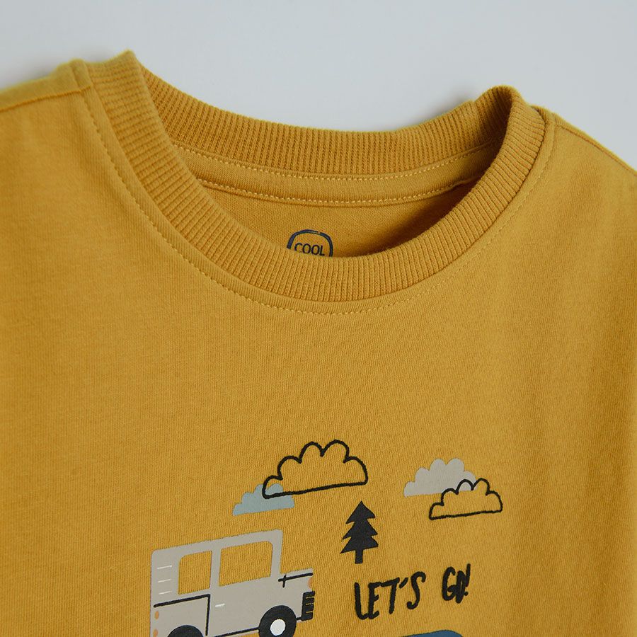 Πυτζάμες 2 τμχ σετ μπλούζα μακρυμάνικη και κοντομάνικη, σορτς και παντελόνι φόρμα, γκρι και κίτρινο με στάμπα οχήματα
