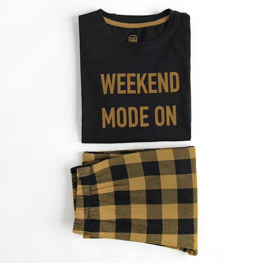 Long sleeve pyjamas with checked pants and WEEKEND MODE ON print