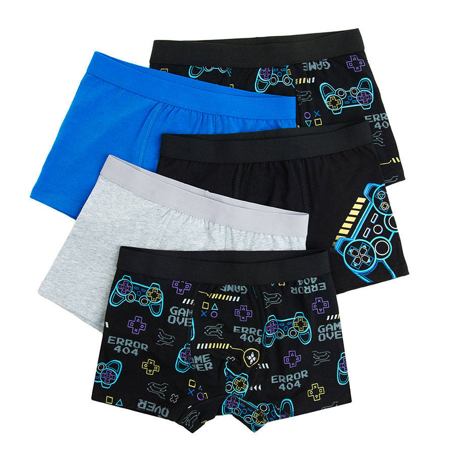 Black, grey and blue shorts with gaming print- 5 pack