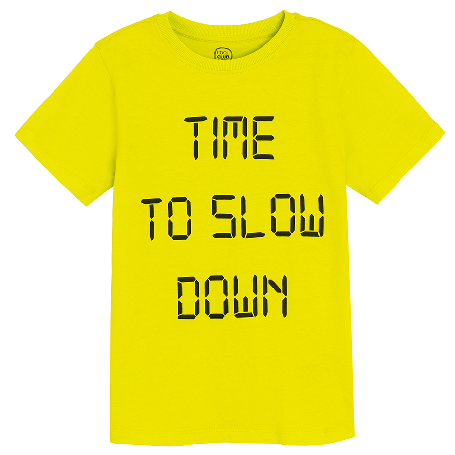 Πυτζάμες σετ μπλούζα κοντομάνικη κίτρινη και σορτς με στάμπα TIME TO SLOW DOWN