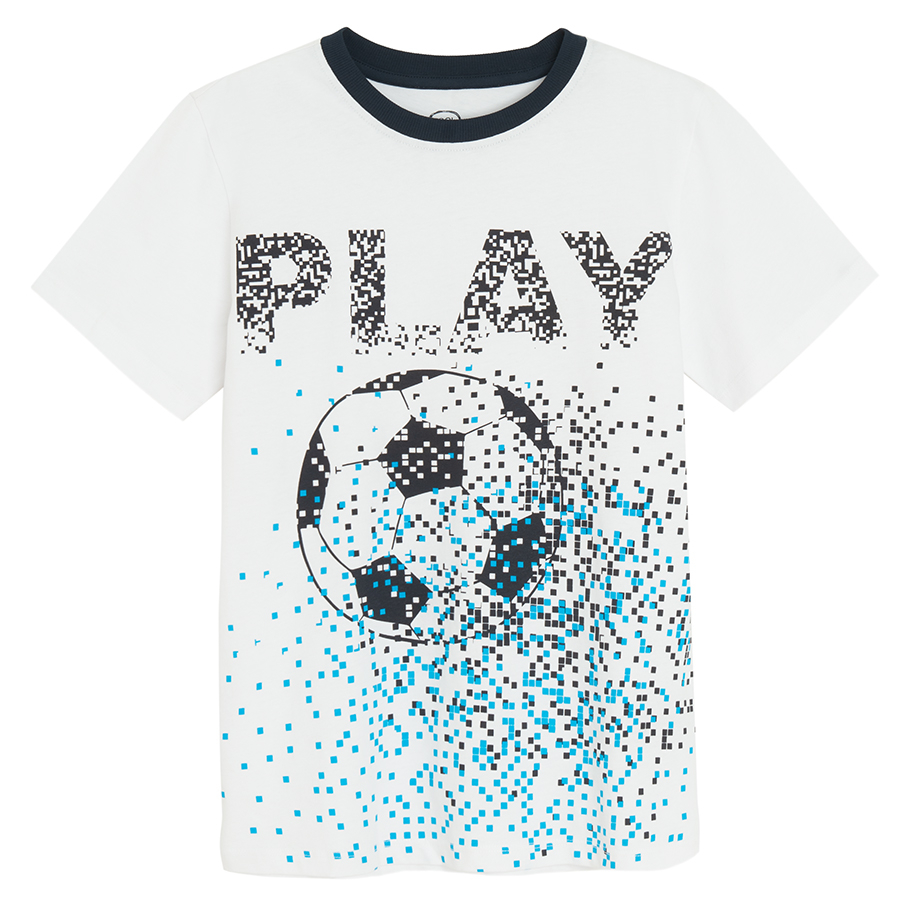 White T-shirt with soccer ball print and blue pants pyjamas with GOAL print- 2 pieces