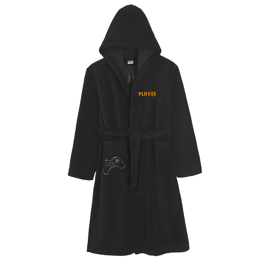 Ρόμπα fleece μαύρη με κεντημένη στάμπα τηλεχειριστήριο