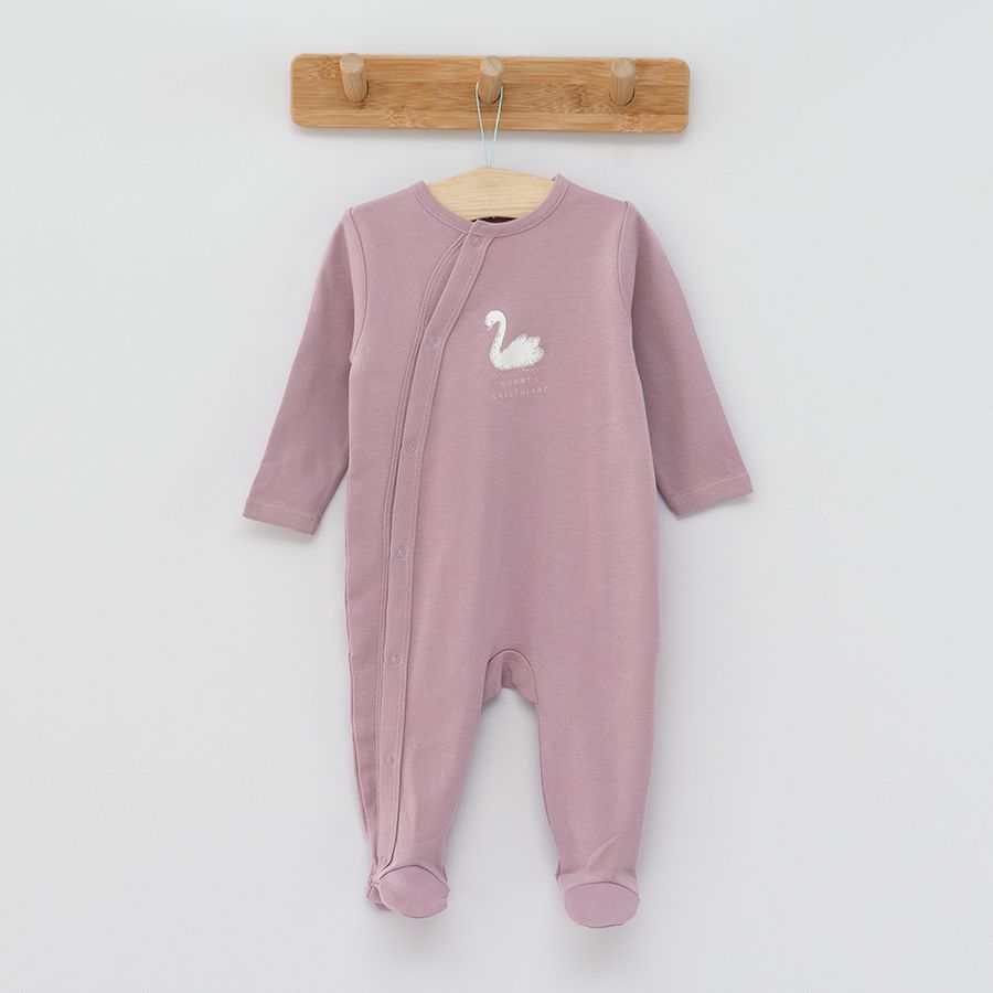 Purple and white with swans footed zip through sleepsuit 2-pack