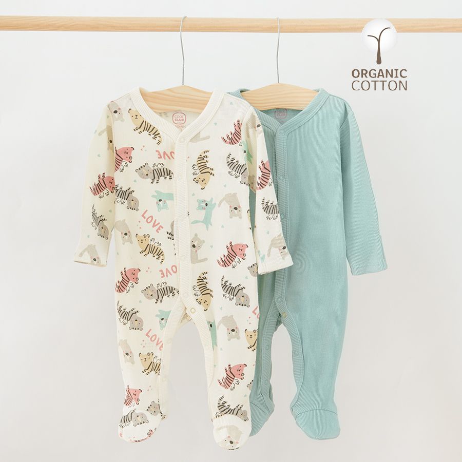 Green and white with tigers print organic cotton long sleeve bodysuit 2 pack