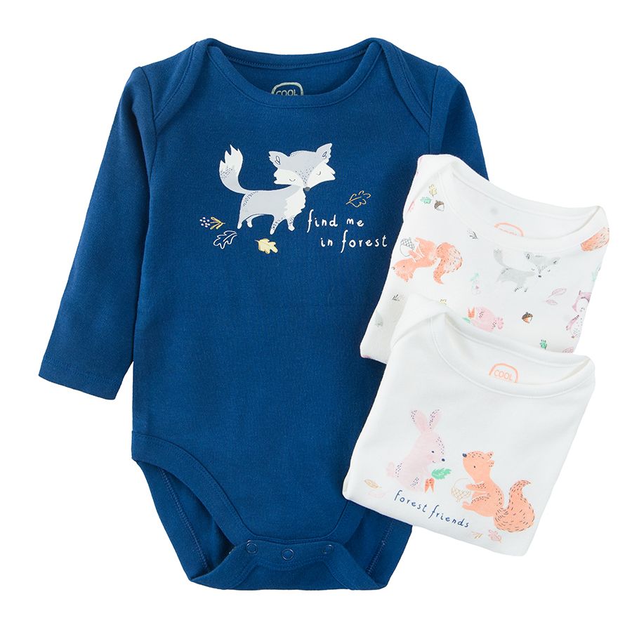 White and blue with fox prints long sleeve bodysuits 3 pack