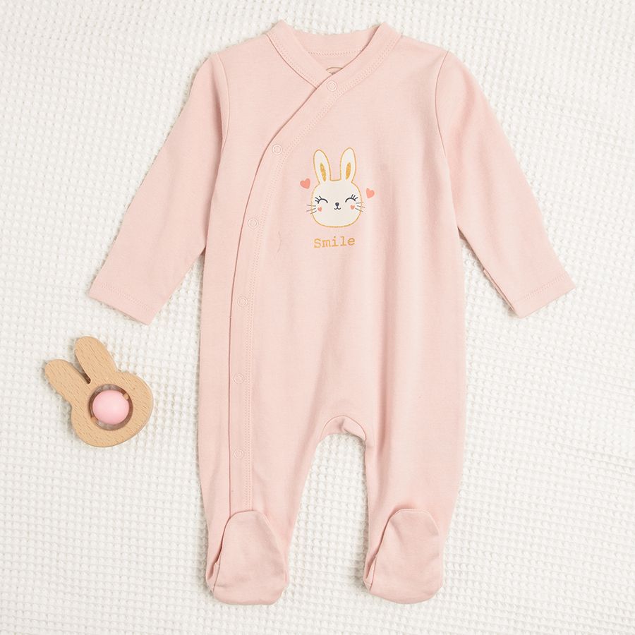 Brown and pink long sleeve wrap bodysuit with bunnies and hearts print