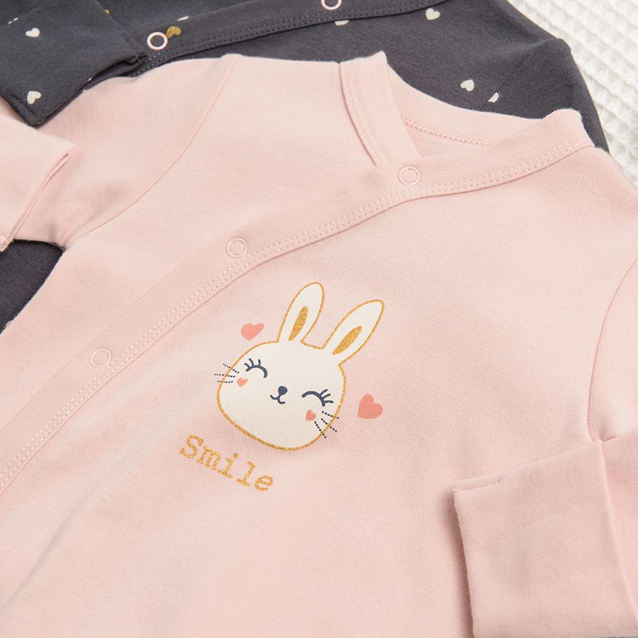 Brown and pink long sleeve wrap bodysuit with bunnies and hearts print