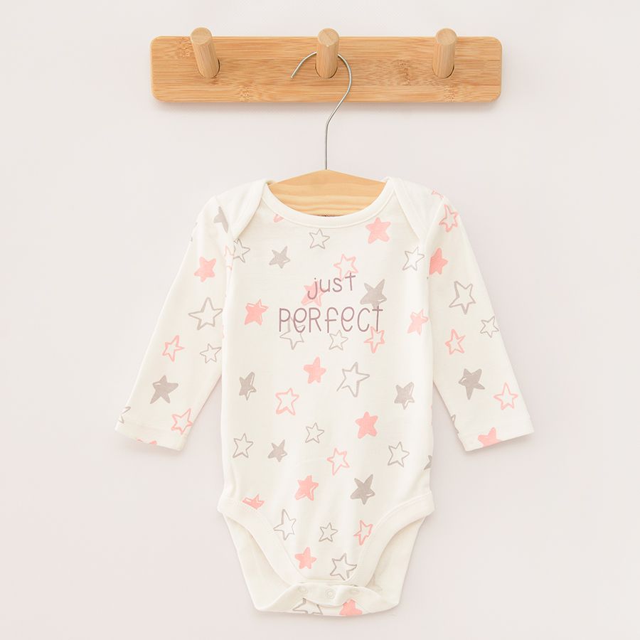 Brown pink and white with Just Perfect prints long sleeve bodysuits 3 pack