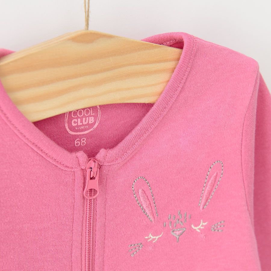 Grey and pink footed floral and bunnies print long sleeve footed sleepsuit with zipper