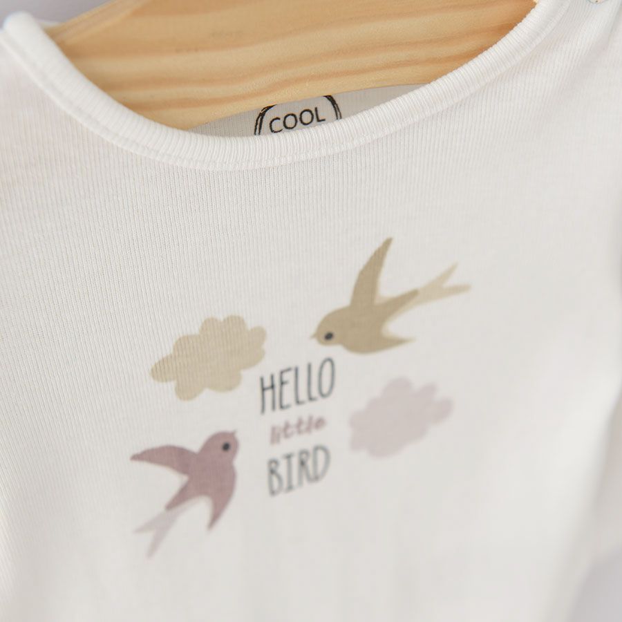 White lilac and brown long sleeve bodysuit with birds print- 3 pack