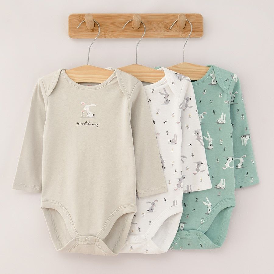 Mix color bunnies Long sleeve bodysuits 3-pack
