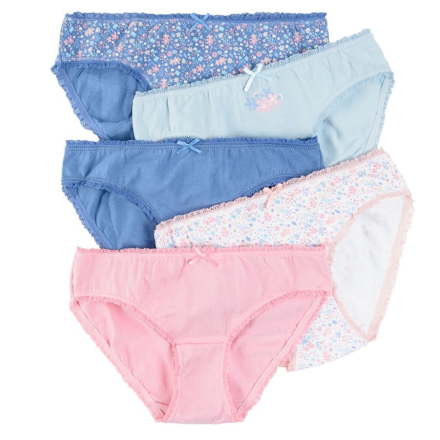 Pink light blue blue and floral briefs with a bow and lace - 5 pack