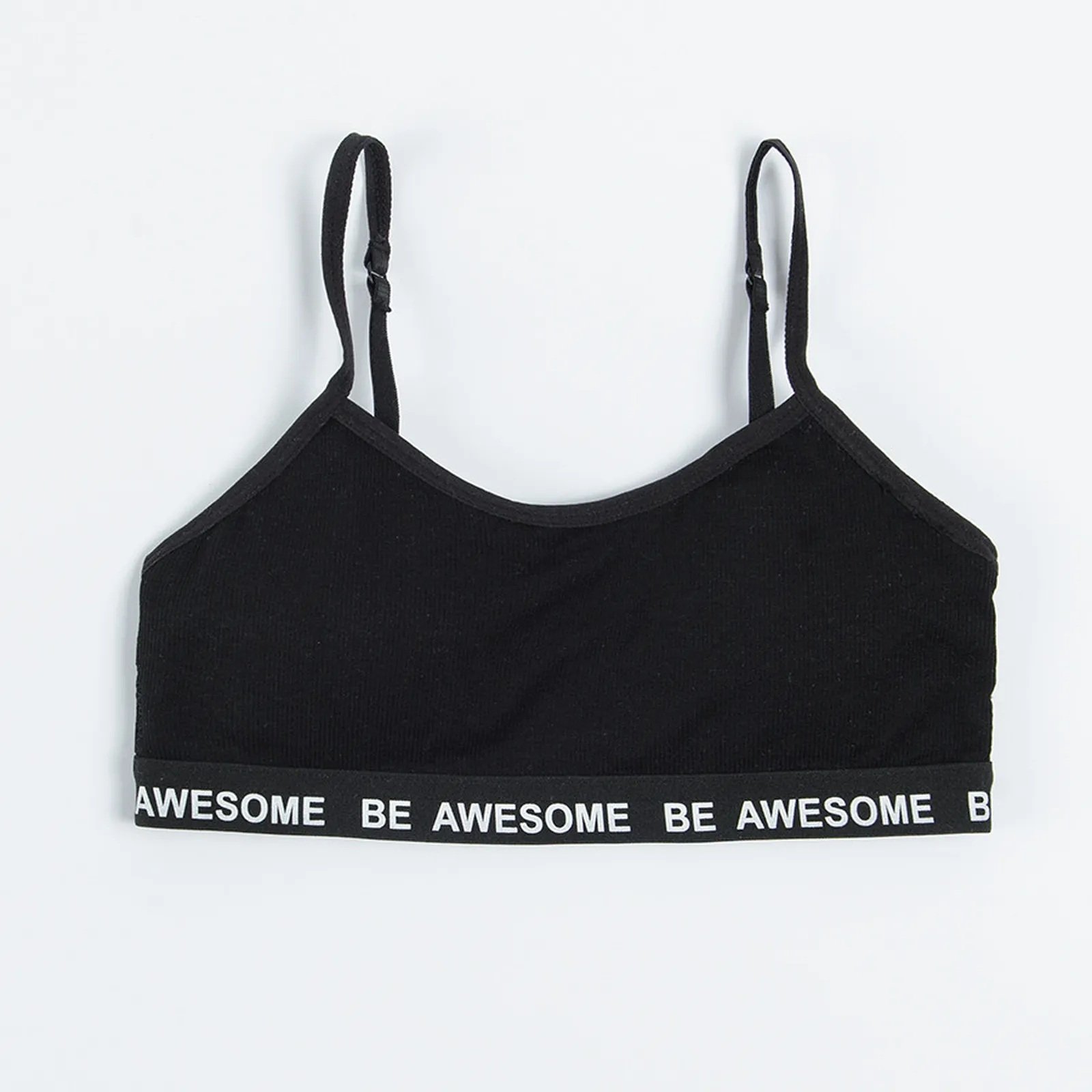 White and black bras with Be awesome print on the elastic band