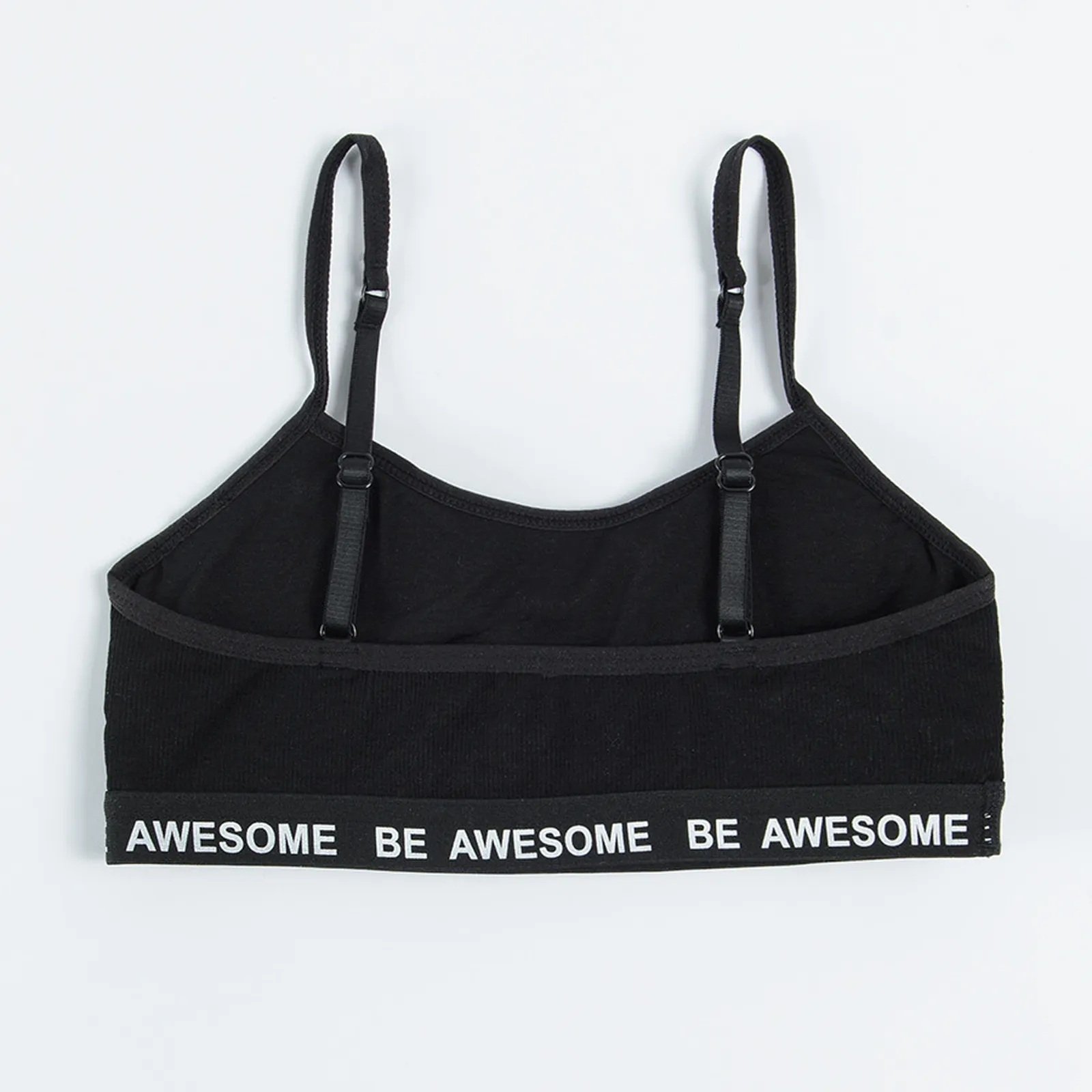 White and black bras with Be awesome print on the elastic band