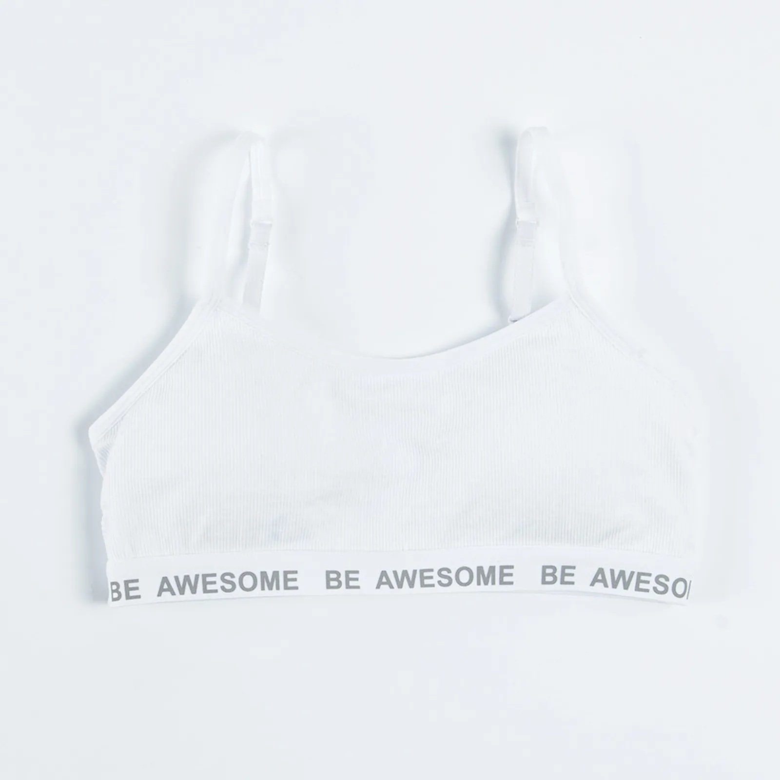 White and black bras with Be awesome print on the elastic band