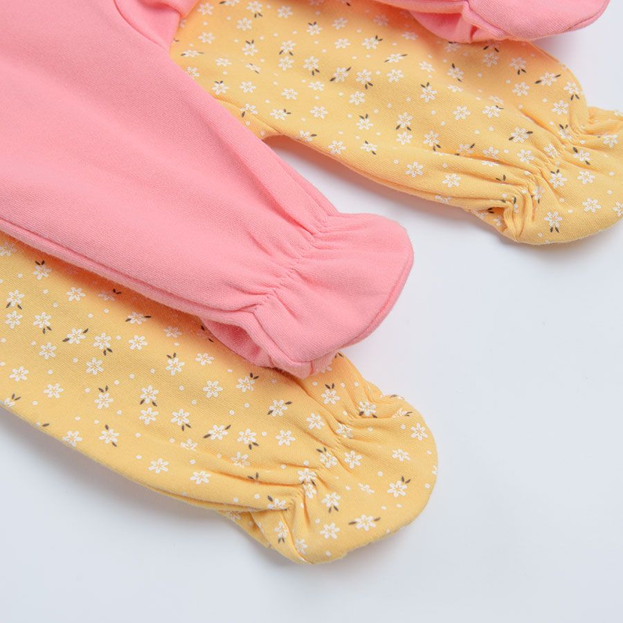 Pink and yellow long sleeve sleepsuits with roppers on the side- 2 pack