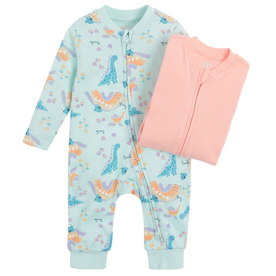 Light pink and light green with dinosaurs print long sleeve footless sleepsuits- 2 pack