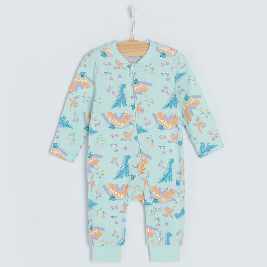Light pink and light green with dinosaurs print long sleeve footless sleepsuits- 2 pack