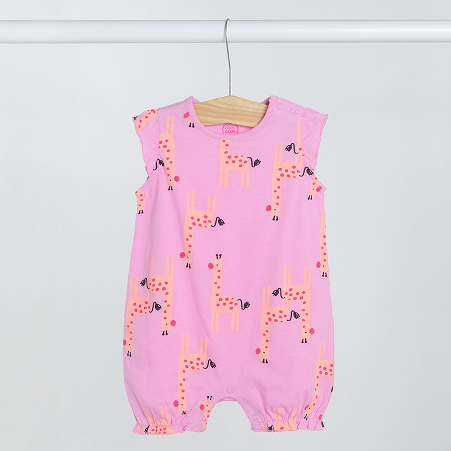 Violet short sleeve with giraffe and yellow with cats print rompers- 2 pack