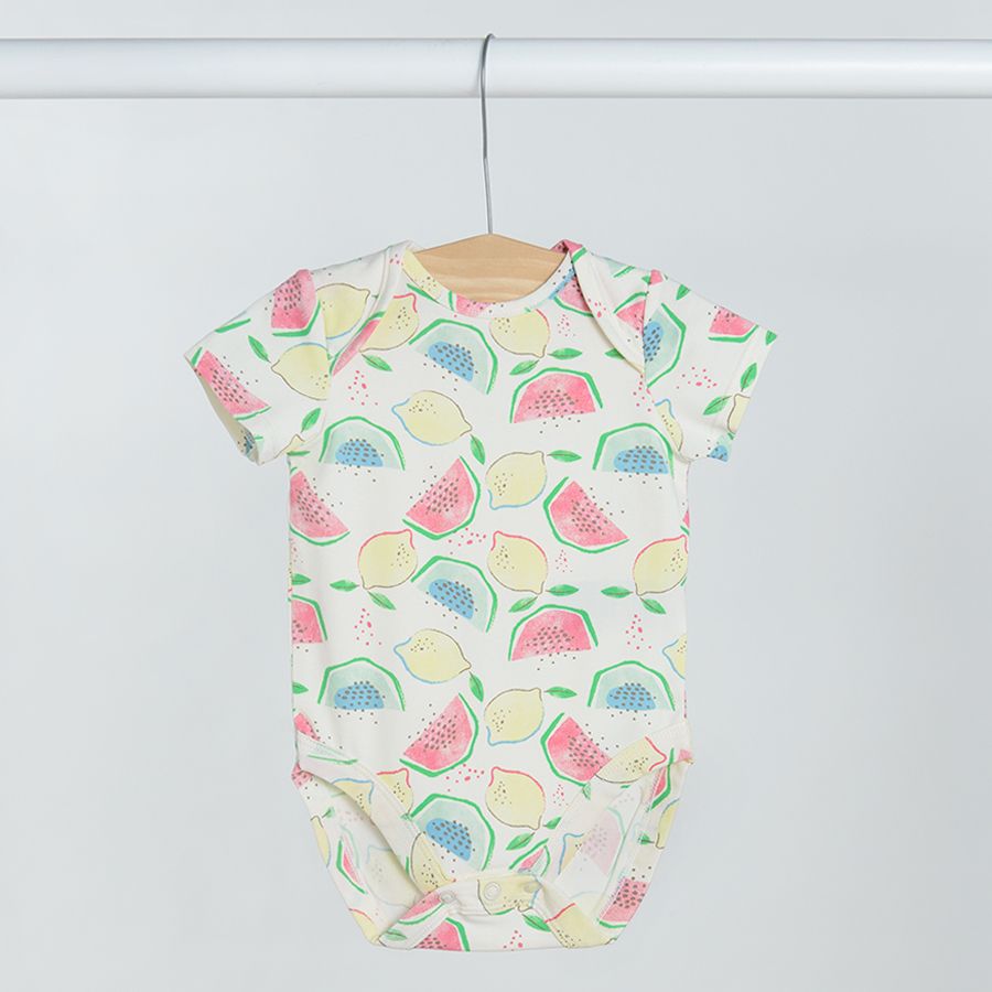 White pink yellow short sleeve bodysuits with summer furit print- 3 pack