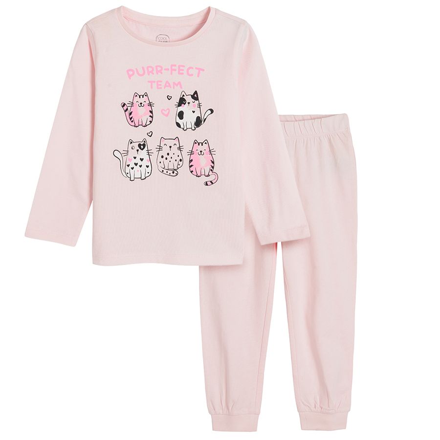 Πυτζάμες ροζ σετ μπλούζα μακρυμάνικη με στάμπα γατούλες και παντελόνι φόρμα
