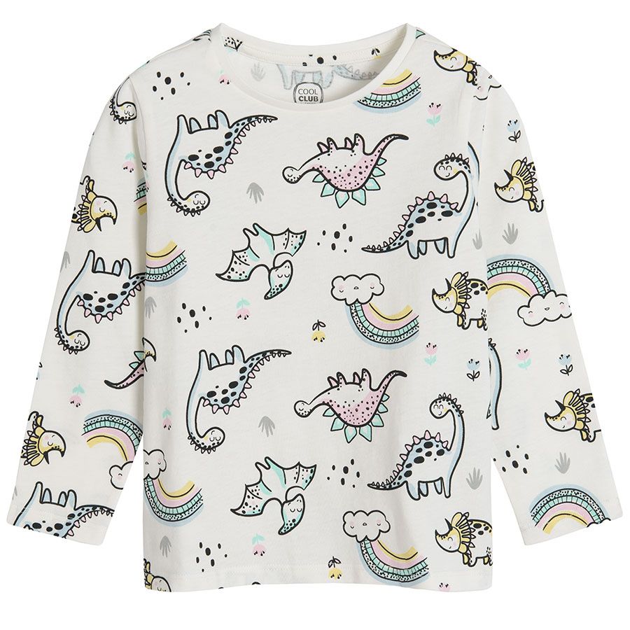 White long sleeve and pants and pink sher sleeve and shorts pyjamas with dinosaurs print- 2 pack