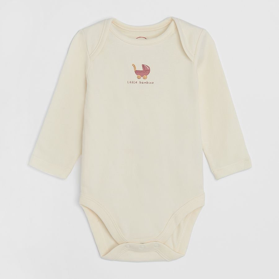 Off white, dusty pink and white long sleeve bodysuits with rainbow, pram and bunnies print- 5 pack