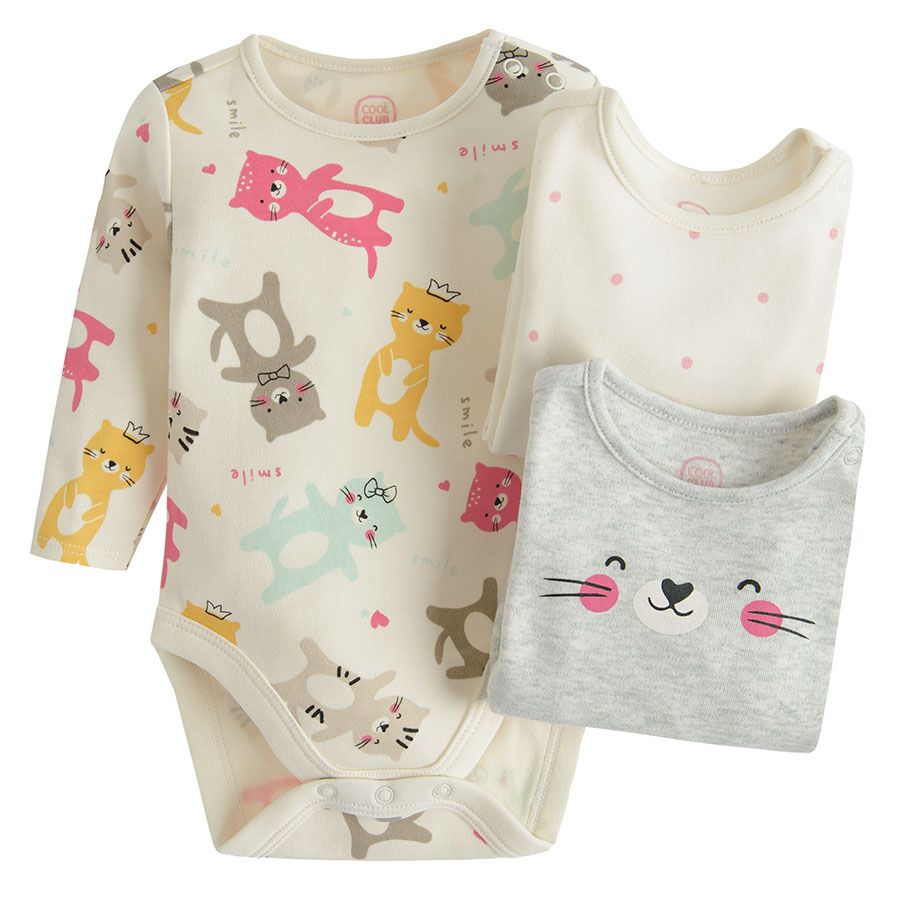 Beige and grey long sleeve bodysuits with animals print - 3 pack