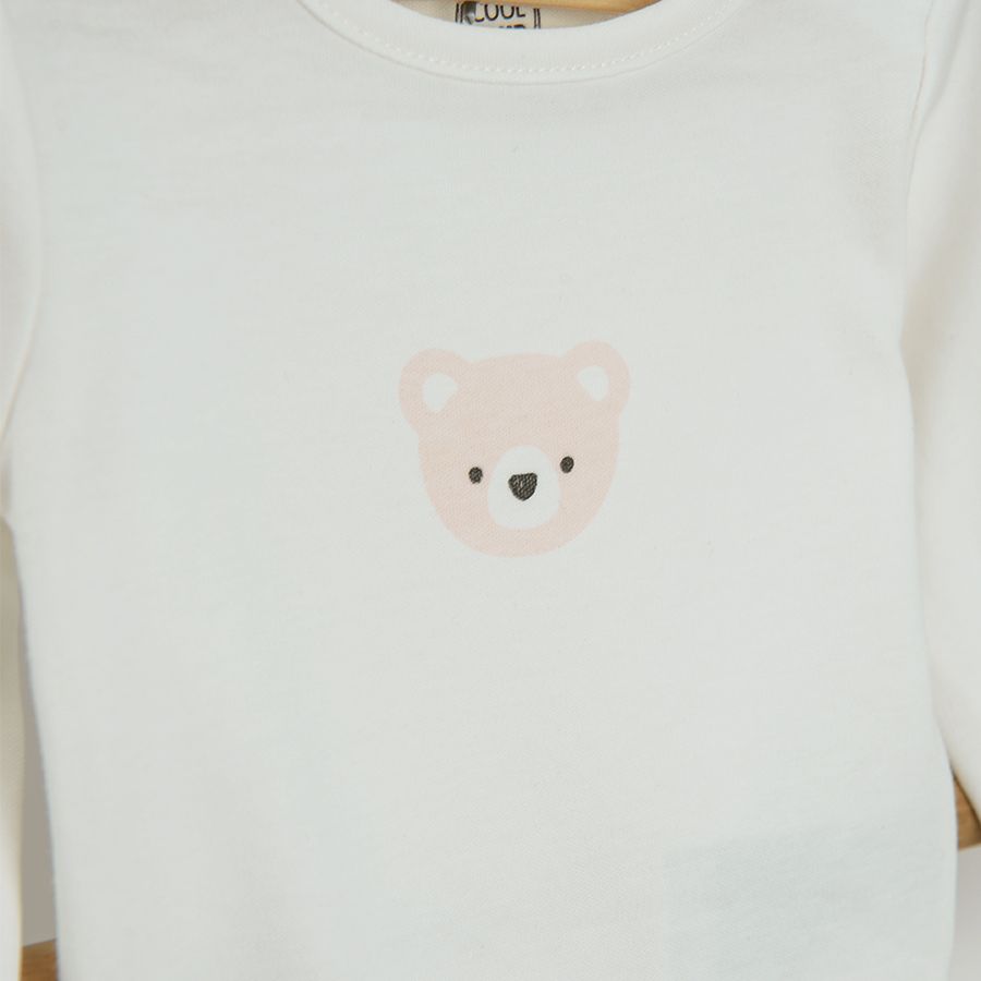 White, ecru and brown long sleeve bodysuits with bear print- 3 pack