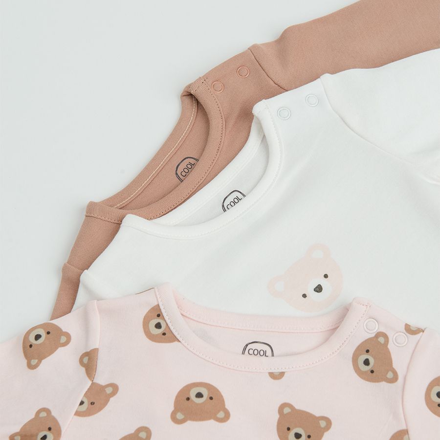 White, ecru and brown long sleeve bodysuits with bear print- 3 pack