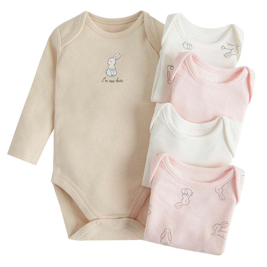 Pastel color long sleeve bodysuits with small animals print- 5 pack