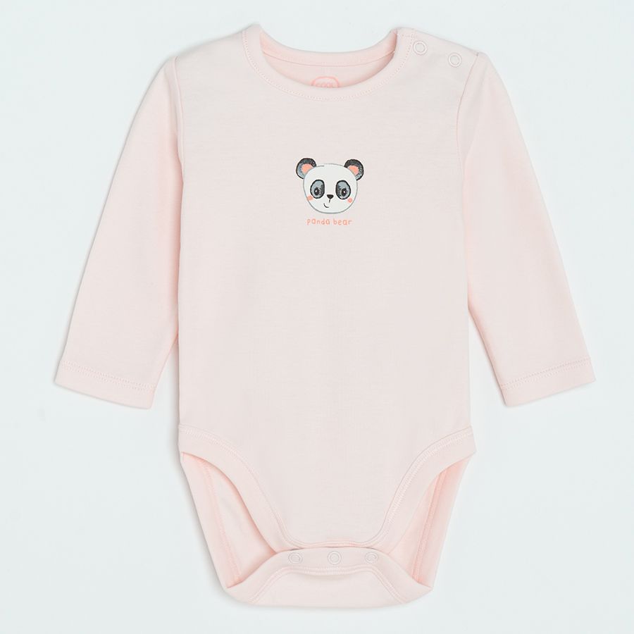 White, ecru and pink long sleeve bodysuits with panda, koala and bear prints