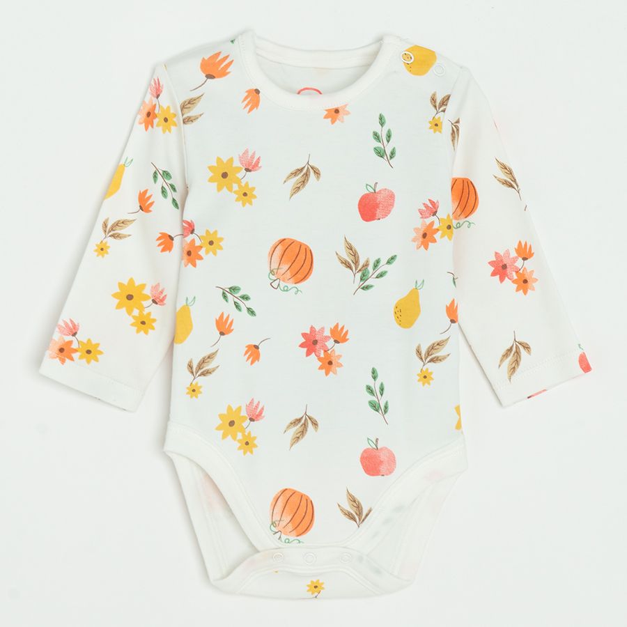 White, beige and dusty pink long sleeve bodysuits with pumpkin prints