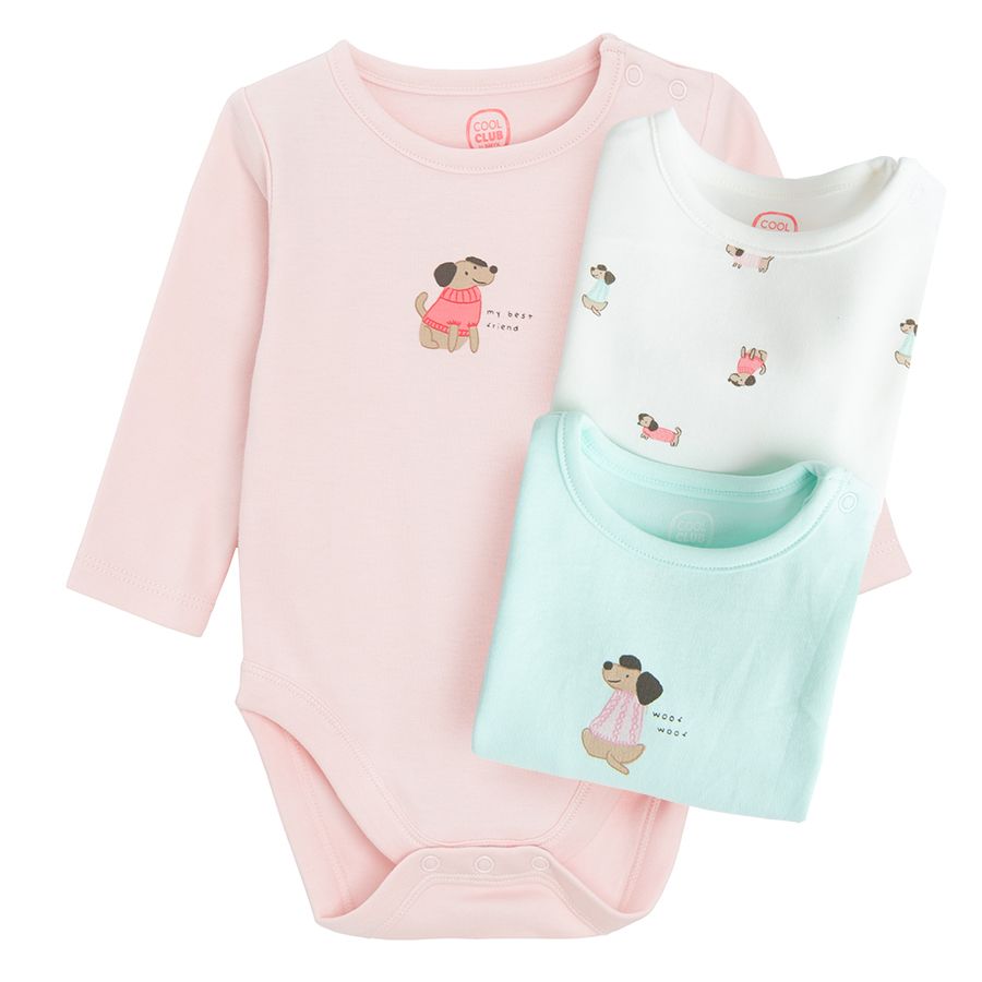 White, pink, light green long sleeve bodysuits with cute small animals print