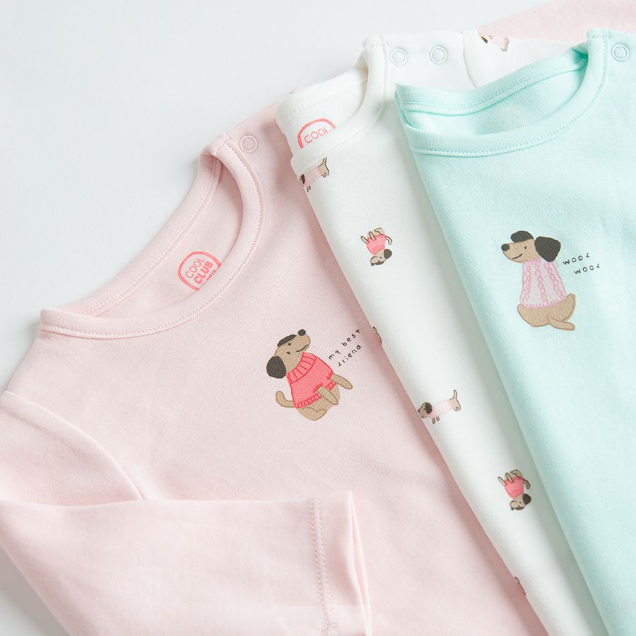 White, pink, light green long sleeve bodysuits with cute small animals print