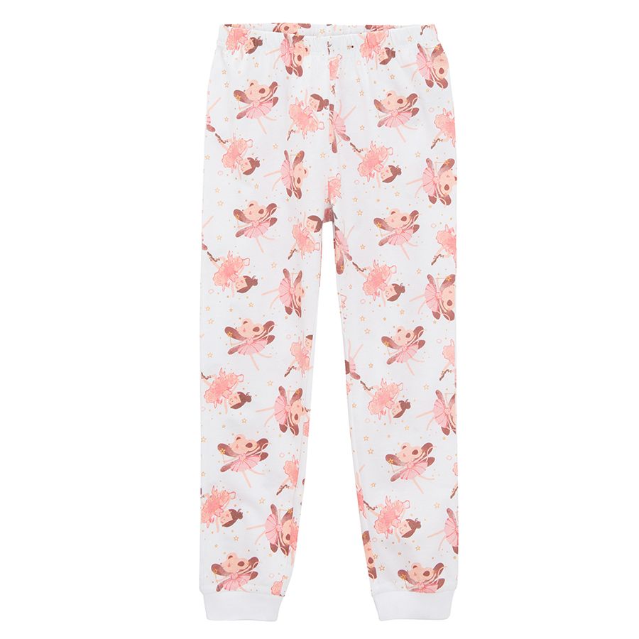 Πυτζάμες σετ μπλούζα μακρυμάνικη ροζ και παντελόνι φόρμα λευκό με στάμπα μπαλαρίνες